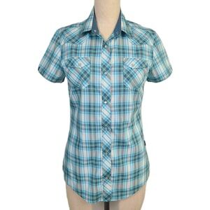 Kuhl Blue Plaid Pearl Snap Western Shirt Lightweight Short Sleeve S Hiking Style